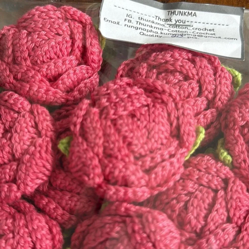 20 Crochet Handmade Cotton Rose Flowers – 1.5” Pink + Green